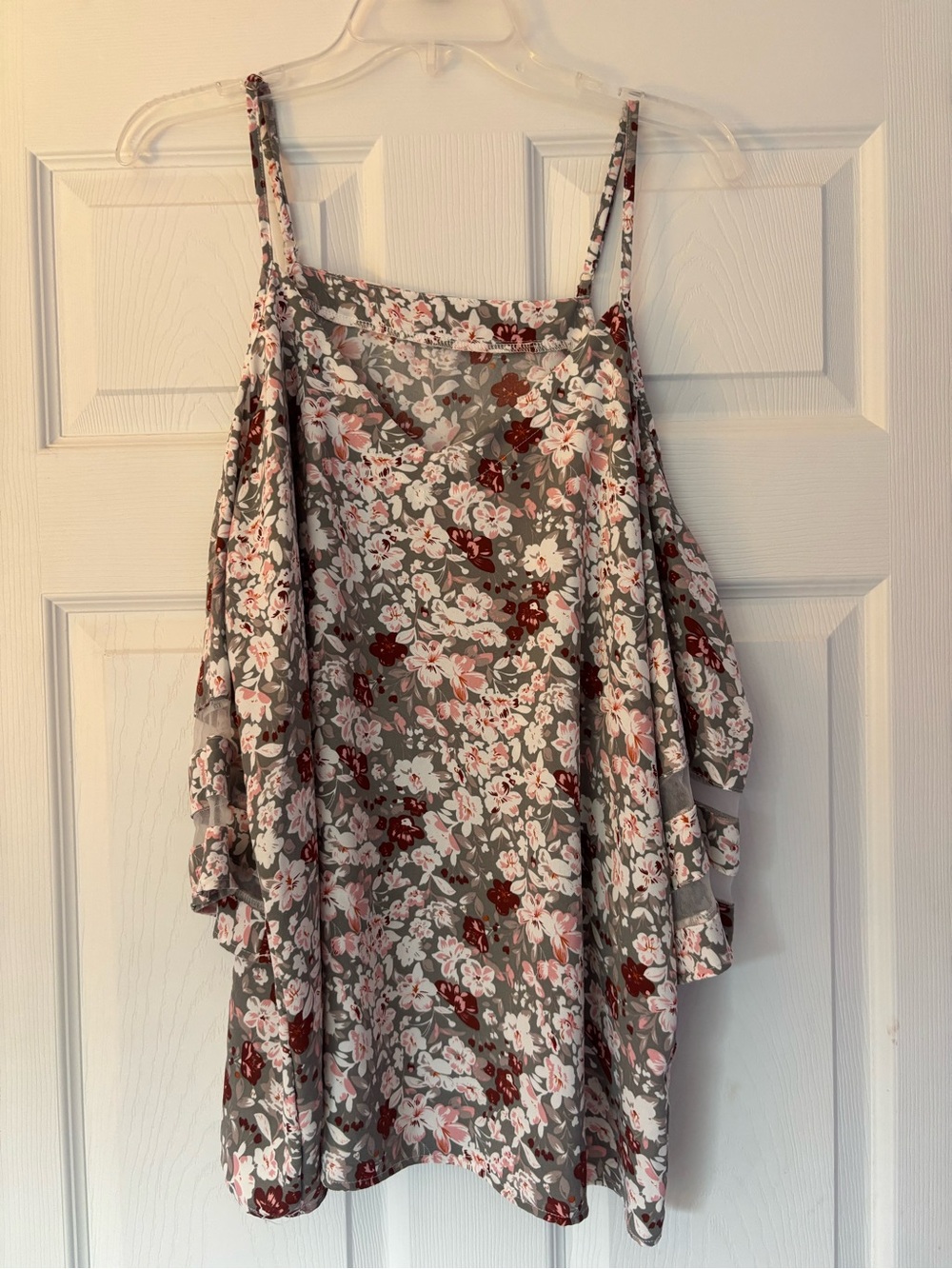 Floral Cold-Shoulder Cami Top - Gray with Pink & Red Flowers